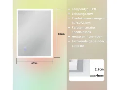 Hot NETTLIFE Espejo con luz - 60x80cm Espejo de pared LED Vidrio antireflejo Espejo de baño con espejo táctil Transparente