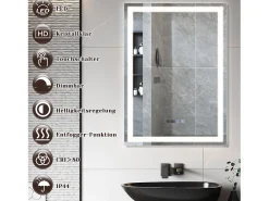 Best NETTLIFE Espejo de baño con luz LED - 60x80 cm LED, mural, IP44, interruptor táctil, reloj, ajustable Transparente