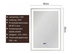 Best NETTLIFE Espejo de baño con luz LED - 60x80 cm LED, mural, IP44, interruptor táctil, reloj, ajustable Transparente