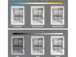 Best NETTLIFE Espejo de baño con luz LED - 60x80 cm LED, mural, IP44, interruptor táctil, reloj, ajustable Transparente