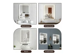 Best NETTLIFE Espejo de baño con luz LED - 60x80 cm LED, mural, IP44, interruptor táctil, reloj, ajustable Transparente