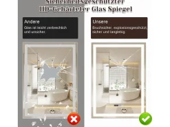 Best NETTLIFE Espejo de baño con luz LED - 60x80 cm LED, mural, IP44, interruptor táctil, reloj, ajustable Transparente