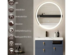 NETTLIFE Espejo de baño con luz LED - Redondo 60 cm LED, mural, interruptor táctil, antineblina, IP44, ajustable 3000K-6500K Transparente Hot