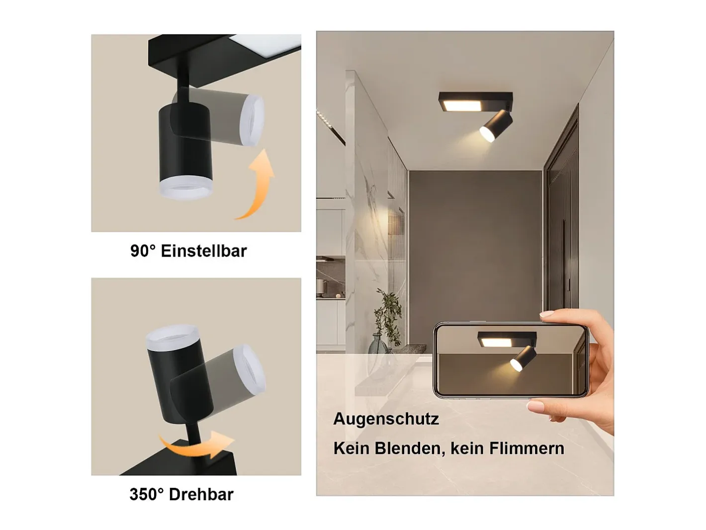 NETTLIFE Plafón-Foco de techo 1 bombilla GU10 dormitorio 3000k 20W lámpara de cocina blanco cálido ajustable Negro