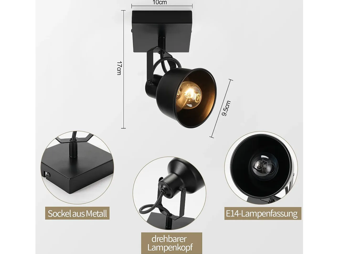 NETTLIFE Plafón-Foco de techo 1 llama aplique vintage E14 diseño retro de alta calidad orientable 350° MAX.40W Negro
