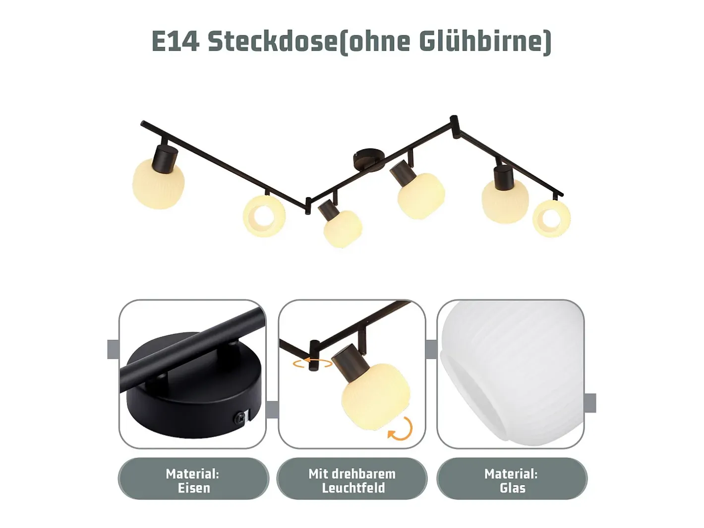 Discount NETTLIFE Foco de techo blanco E14, 6 llamas, lámpara de techo interior, pantalla de cristal, foco orientable Negro