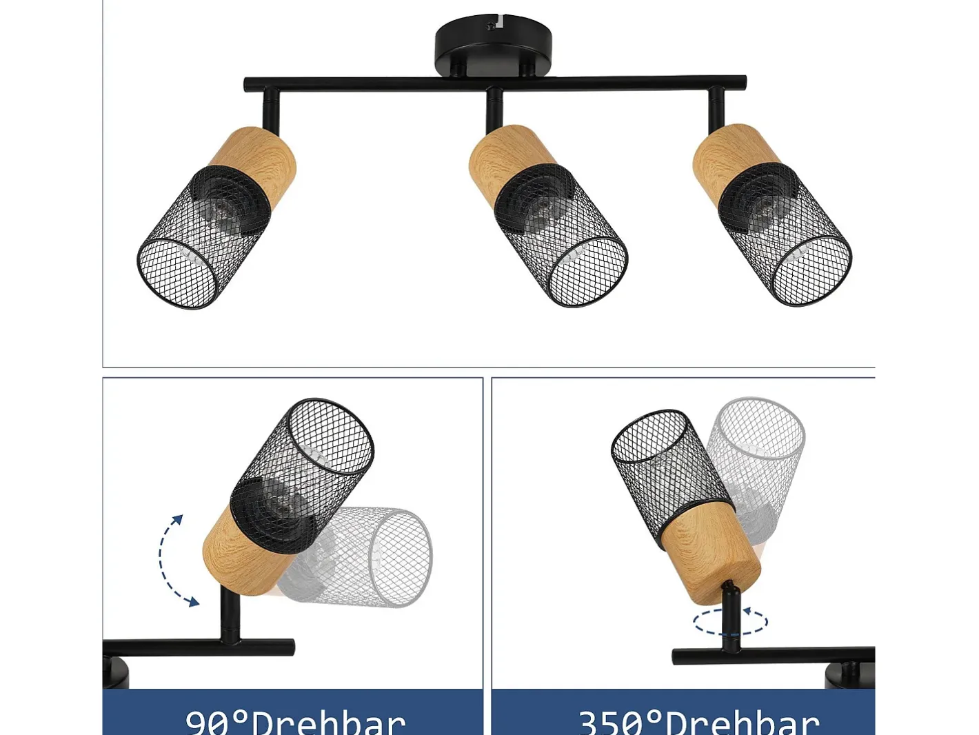 NETTLIFE Foco de techo de madera E14, lámpara de techo orientable 350°, foco de pared sin bombilla Negro Hot