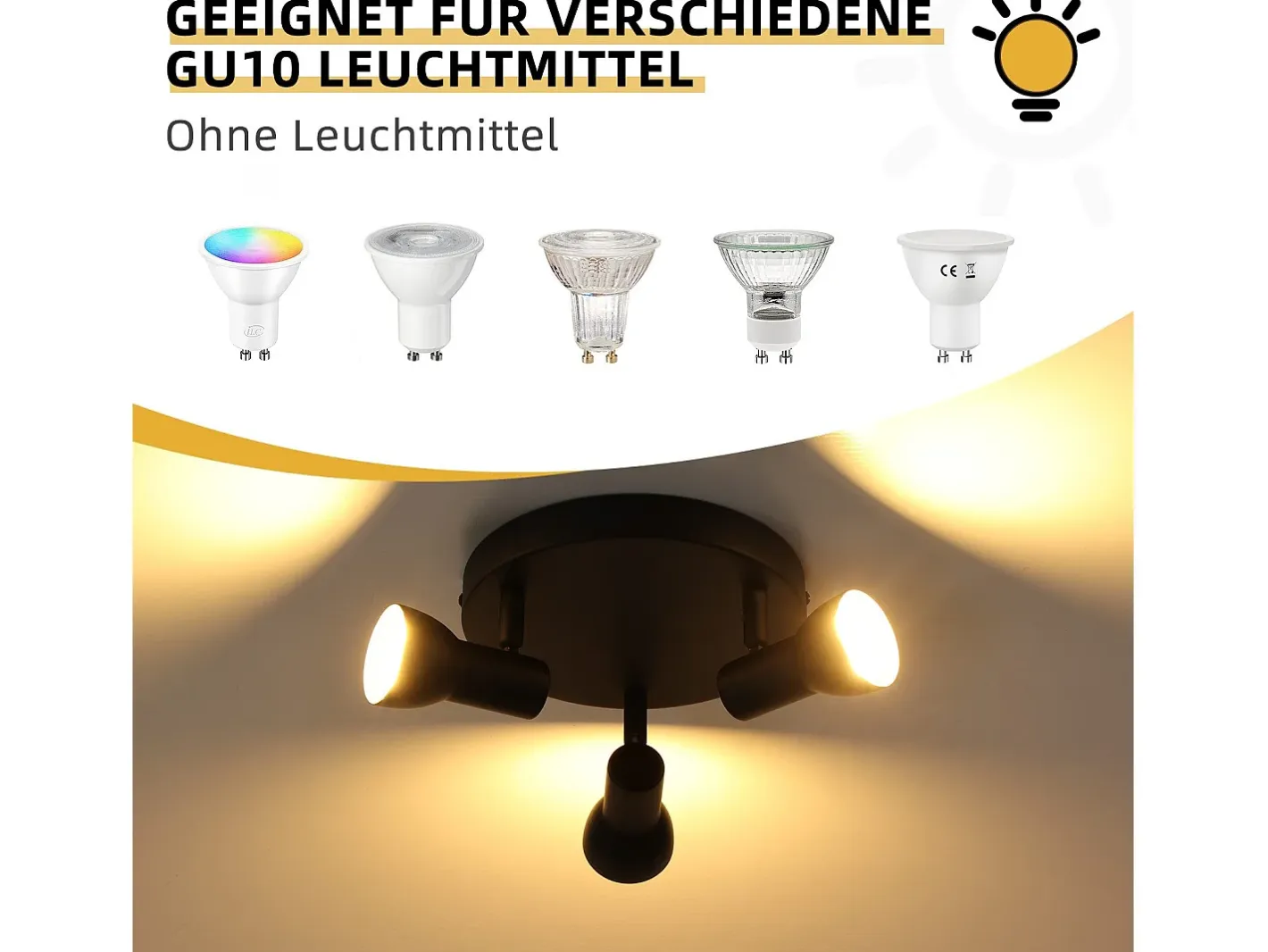 NETTLIFE Plafón-Foco de techo de 3 llamas, lámpara de techo negra, diseño moderno, focos de techo redondos, metal GU10 Negro