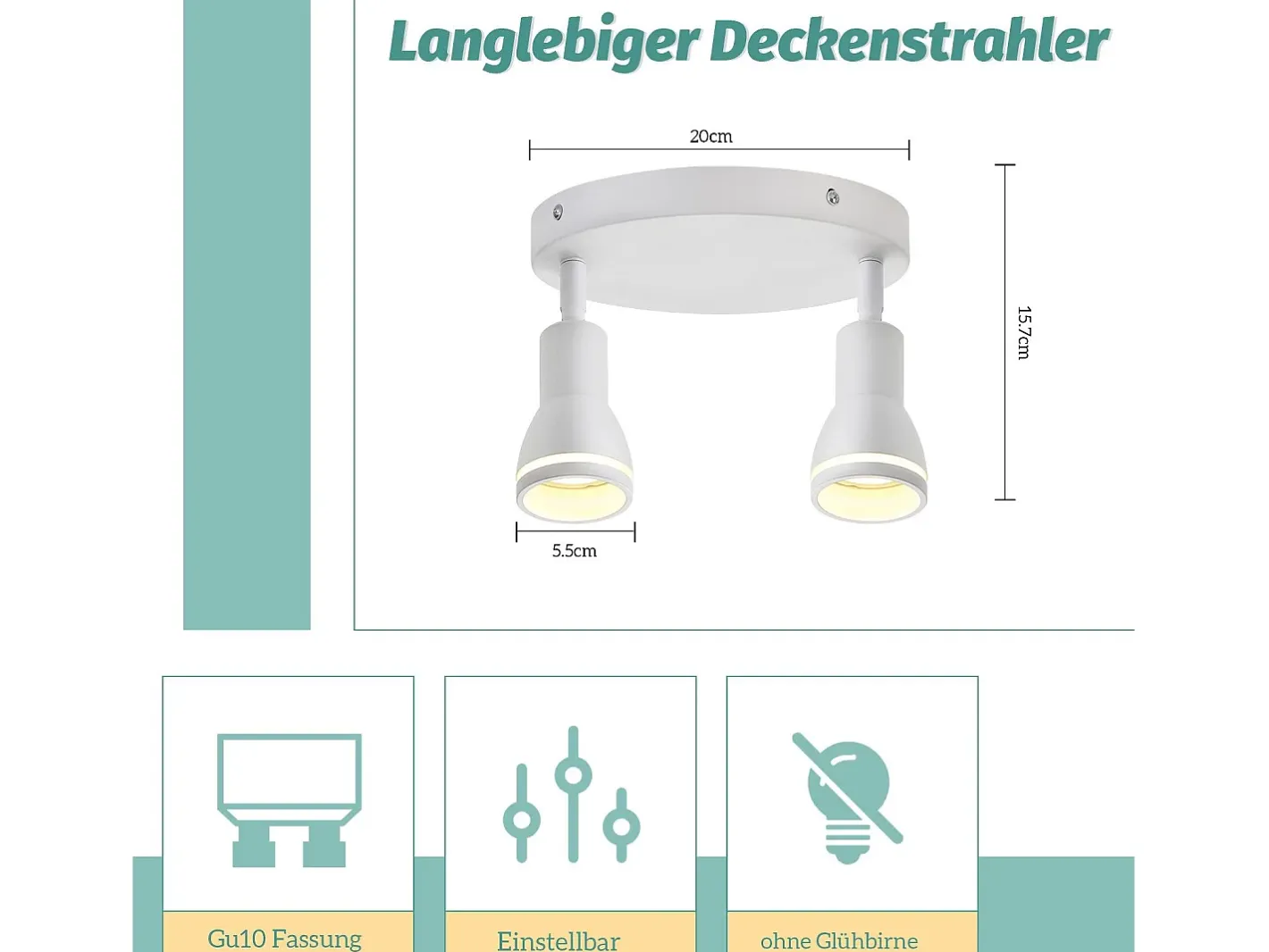 NETTLIFE Plafón-Foco de techo LED de 2 bombillas , foco de techo para salón, foco orientable GU10, lámpara moderna de foco. Blanco