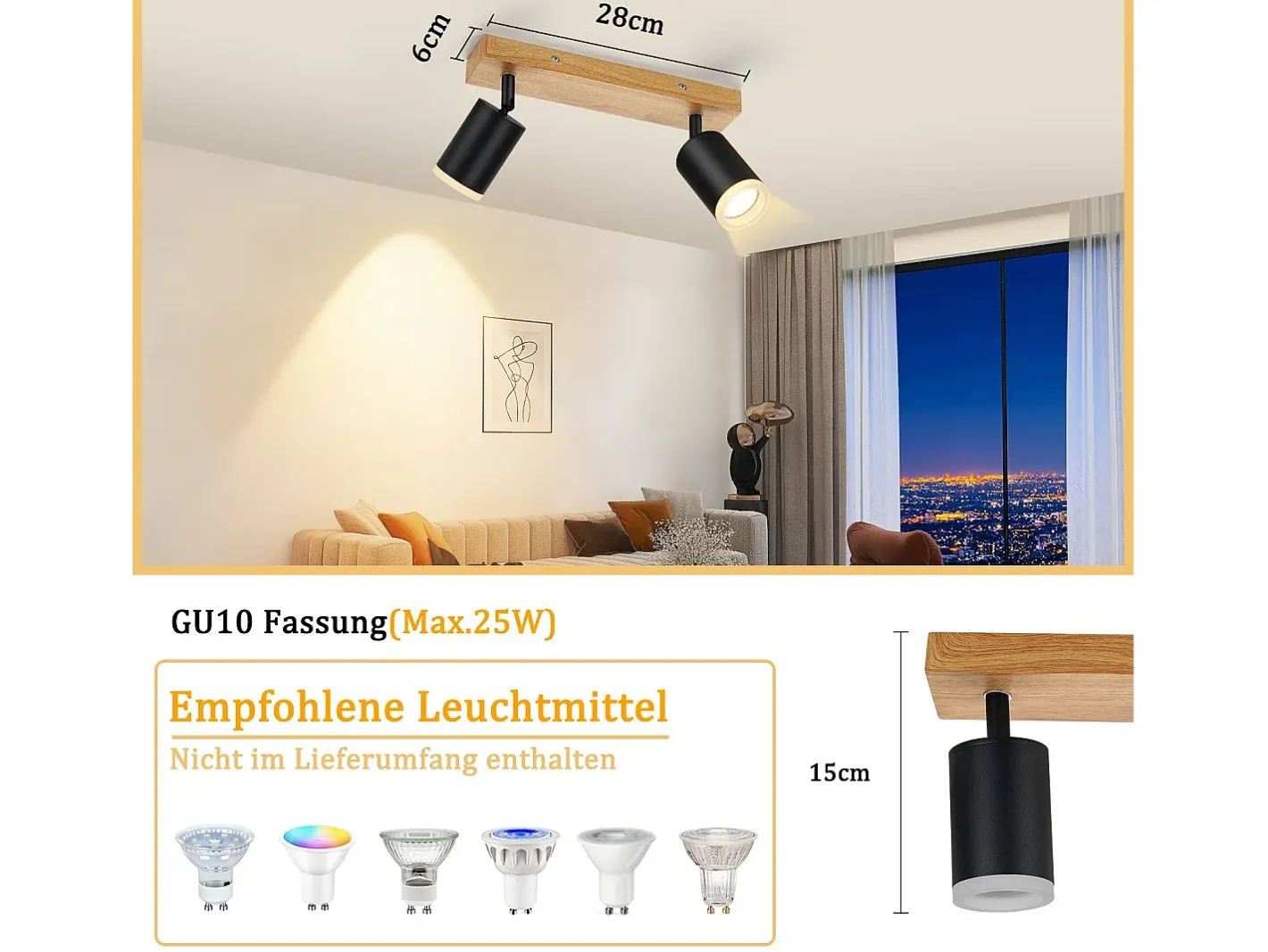 Outlet NETTLIFE Foco de techo GU10 Foco de pared de madera giratorio sin bombilla 350° Negro
