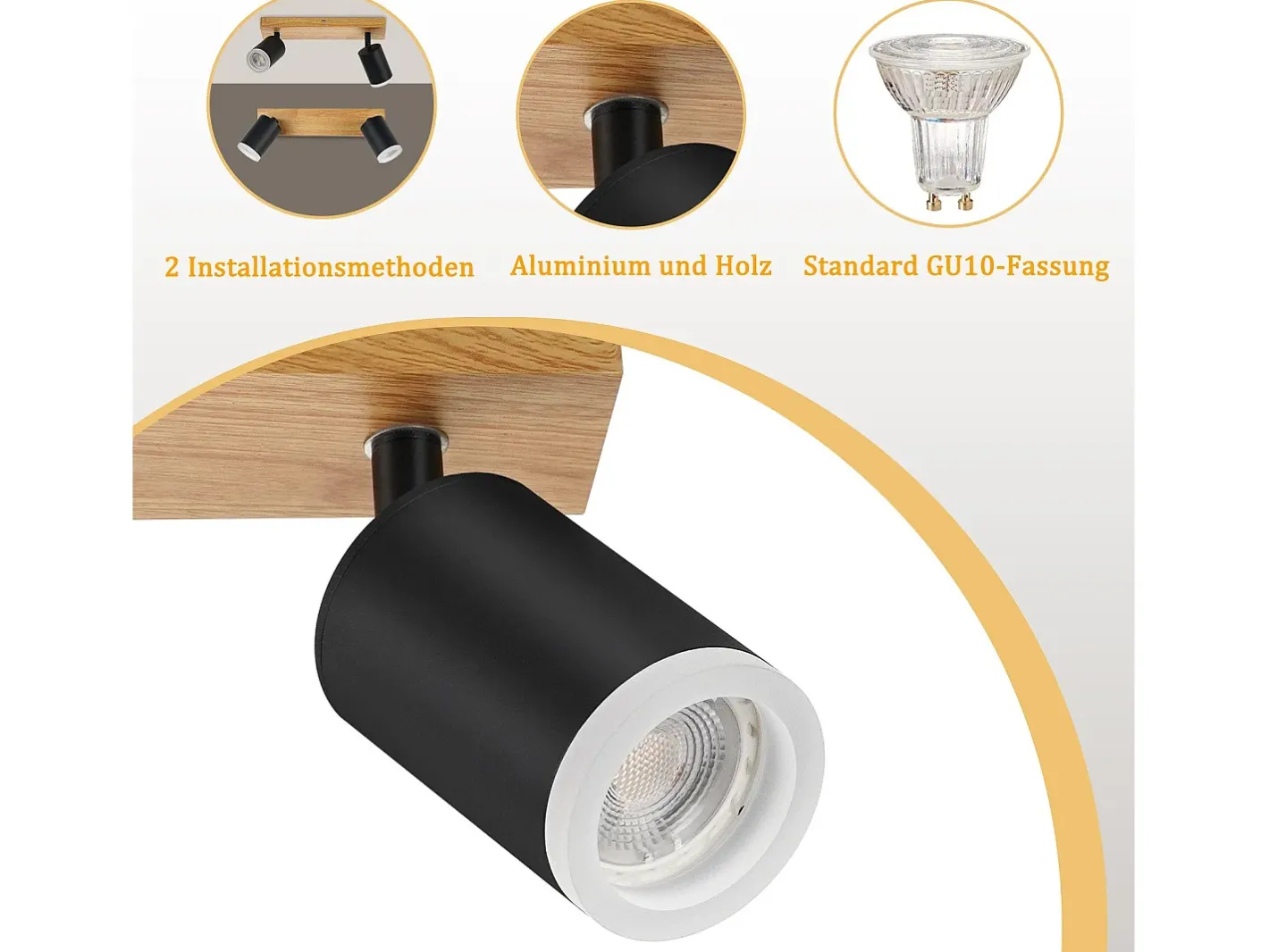 Outlet NETTLIFE Foco de techo GU10 Foco de pared de madera giratorio sin bombilla 350° Negro