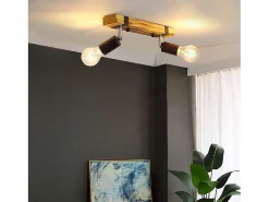 NETTLIFE Plafón-Foco de techo retro 2 lámparas regulables con viga de madera, LED orientable, intercambiable Amarillo
