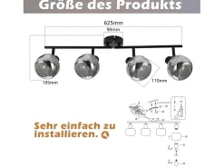 NETTLIFE Plafón-Foco de techo vintage para salón en cristal ahumado 4 E14 orientable 350° Gris