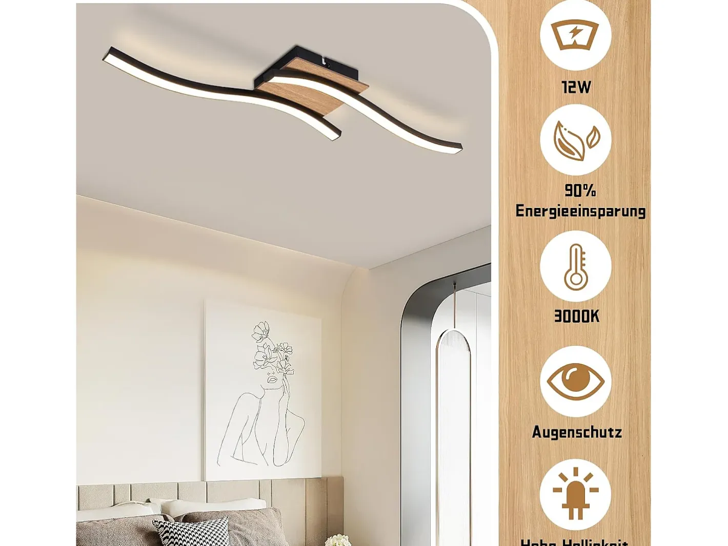 NETTLIFE foco LED de techo de 12W, madera, 3000K, luz blanca cálida, diseño moderno, metal . Negro Sale