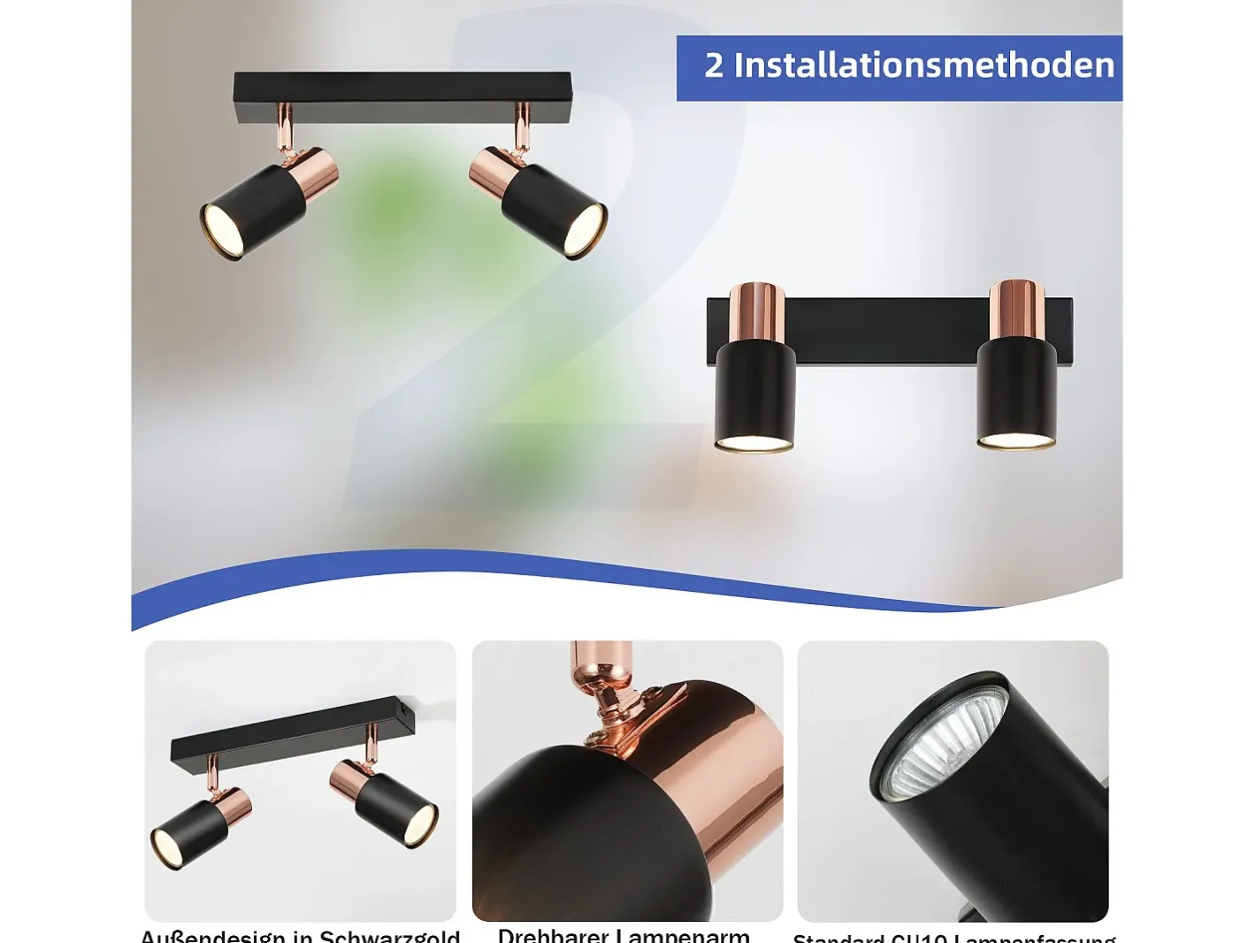NETTLIFE Foco para techo negro GU10 - 2, lámpara de cocina con llama rotativa de 355° moderna industrial. Negro / Dorado Outlet