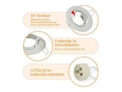 NETTLIFE Plafón-Kit 12 Focos GU10 Casquillos Empotrables en Marco 230 V 50 mm Metal Orientable 30° para LED Halógenos Blanco