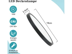NETTLIFE LED - Iluminación de techo, plana, 18 cm - 15 W, , 6000 K - Iluminación moderna para la cocina, el pasillo, el dormitorio. Negro Sale