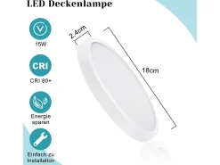 NETTLIFE , LED - Luz de techo, plana, 18 cm - 15 W, blanca, 6000 K - Iluminación moderna para la cocina, el pasillo, el dormitorio Negro