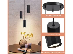 Outlet NETTLIFE Lámpara colgante de metal Diam.20 cm GU10 3 llamas mesa de salón lámpara industrial moderna para interior cocina Negro