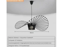 NETTLIFE Lámpara Suspendida-Lámpara Colgante Moderna E27 Diam.80cm Diseño Sombrero Policarbonato Máx.40W para Salón Comedor Cocina, Sin Bombilla Negro