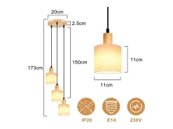NETTLIFE Lámpara colgante de madera blanca Diam.20 cm E14 vintage 3 bombillas redondas para comedor restaurante cocina dormitorio oficina Blanco Hot
