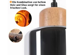 NETTLIFE Lámpara colgante de madera, lámpara colgante E27, lámpara de mesa de comedor vintage, lámpara de comedor hecha de vidrio Marru00f3n