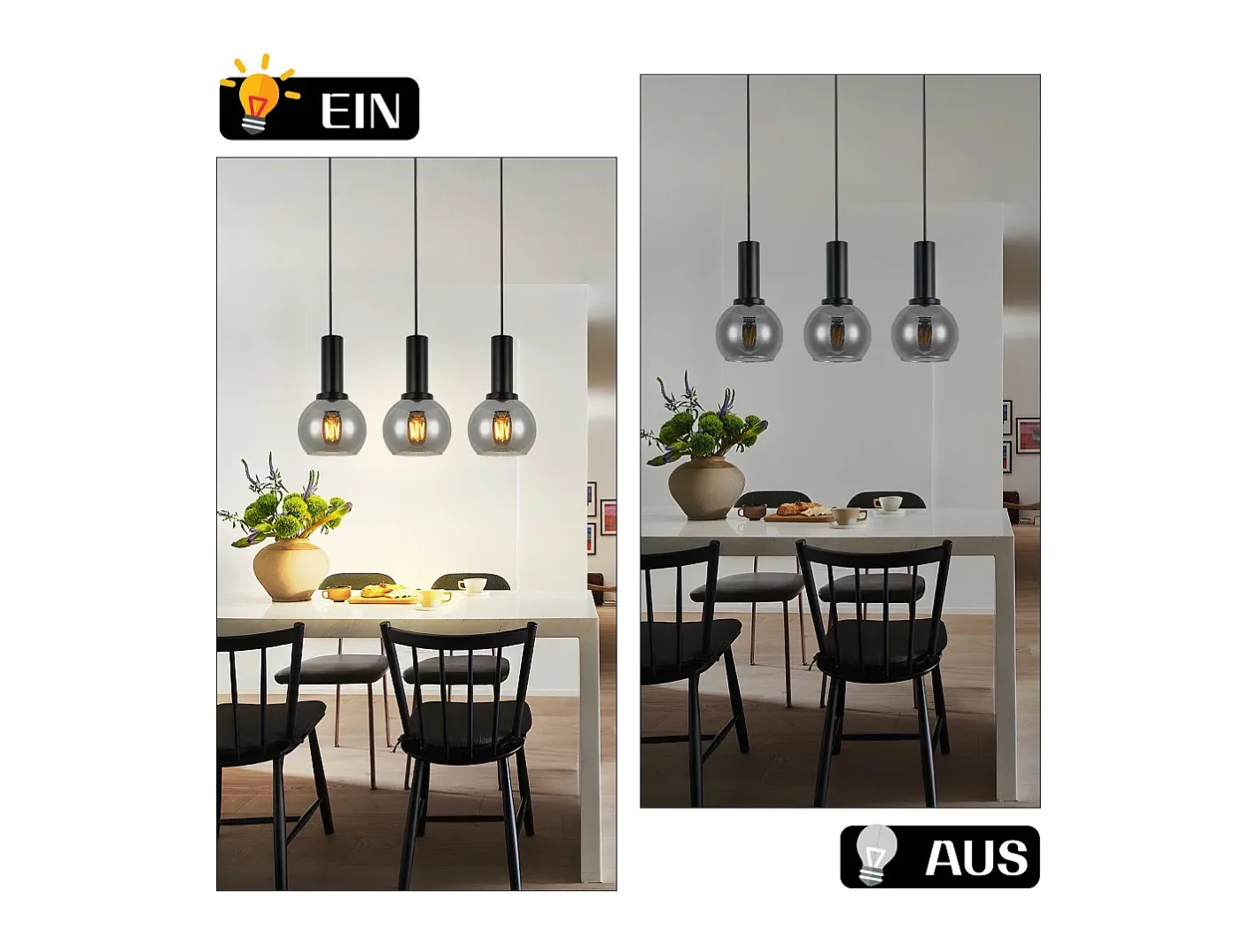 NETTLIFE Lámpara colgante vintage de 3 llamas de cristal E27, lámpara de comedor de altura ajustable industrial Negro Best