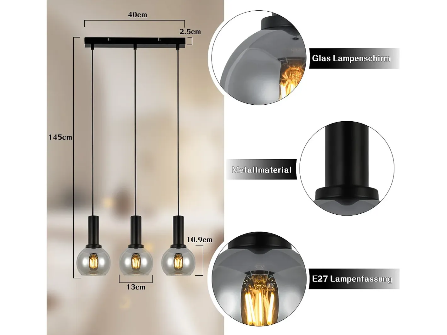 NETTLIFE Lámpara colgante vintage de 3 llamas de cristal E27, lámpara de comedor de altura ajustable industrial Negro Best