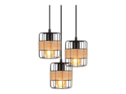NETTLIFE Lámpara Colgante de Metal Diam.25cm E27 Vintage Rústica Redonda 3 Bombillas Lámpara de de Metal Natural de Ratán Retro para Dormitorio Negro