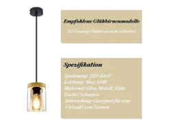 NETTLIFE Lámpara Suspendida-Lámpara colgante E27 Vintage Diam.12 cm madera metal con pantalla de cristal para comedor cocina salón dormitorio Negro