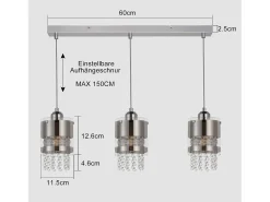 Sale NETTLIFE Lámpara colgante moderna de 3 bombillas E27, diámetro de 60 cm, altura ajustable, cristal y cristal, para comedor, máx. 25 W. Plateado