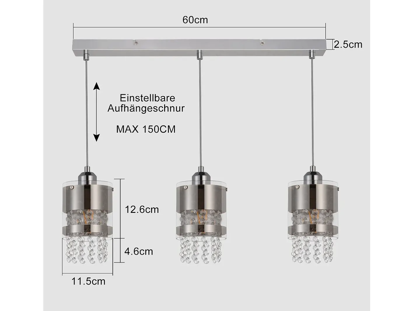 Sale NETTLIFE Lámpara colgante moderna de 3 bombillas E27, diámetro de 60 cm, altura ajustable, cristal y cristal, para comedor, máx. 25 W. Plateado