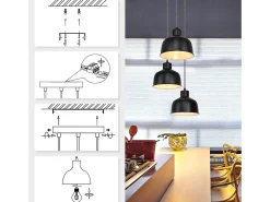 NETTLIFE Lámpara Colgante Metal Diam.17,8 cm E27 Vintage Industrial Retro Lámpara de 3 Bombillas para Dormitorio Salón Hotel Negro Sale