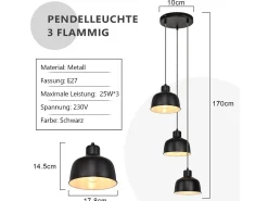 NETTLIFE Lámpara Colgante Metal Diam.17,8 cm E27 Vintage Industrial Retro Lámpara de 3 Bombillas para Dormitorio Salón Hotel Negro Sale