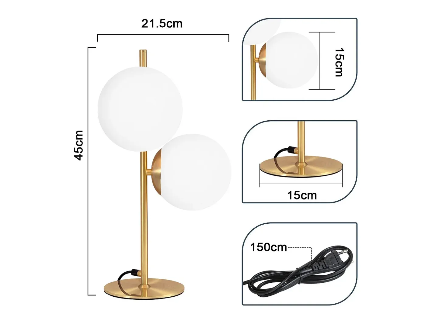 NETTLIFE lámpara de mesa / lámpara de cabecera moderna y industrial dorada, 2 bombillas con interruptor, diseño de metal y vidrio , E27. Blanco
