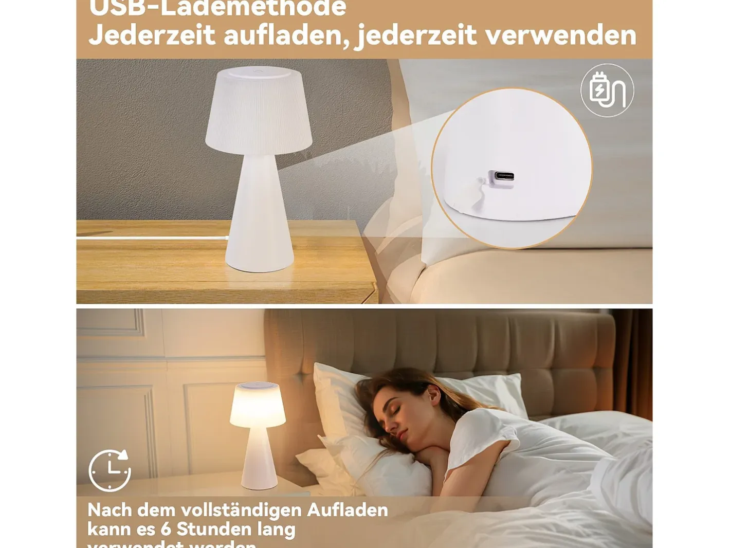 Hot NETTLIFE Lámpara de mesa con batería, lámpara de noche LED - 3600 mhA inalámbrica, lámpara táctil regulable con batería blanca recargable por USB Blanco