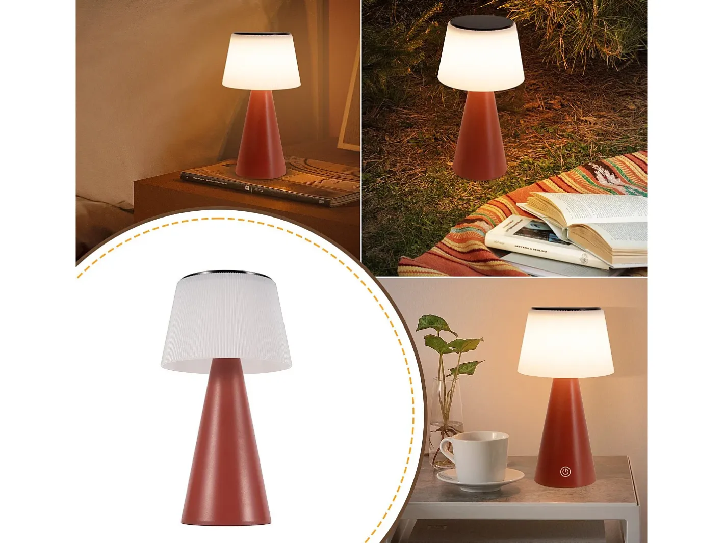 NETTLIFE Lámpara de mesa con batería solar, lámpara de noche LED inalámbrica, 3600 mhA, recargable, táctil, regulable, lámpara roja con batería USB Rojo New