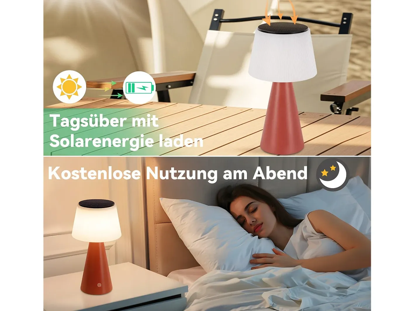 NETTLIFE Lámpara de mesa con batería solar, lámpara de noche LED inalámbrica, 3600 mhA, recargable, táctil, regulable, lámpara roja con batería USB Rojo New