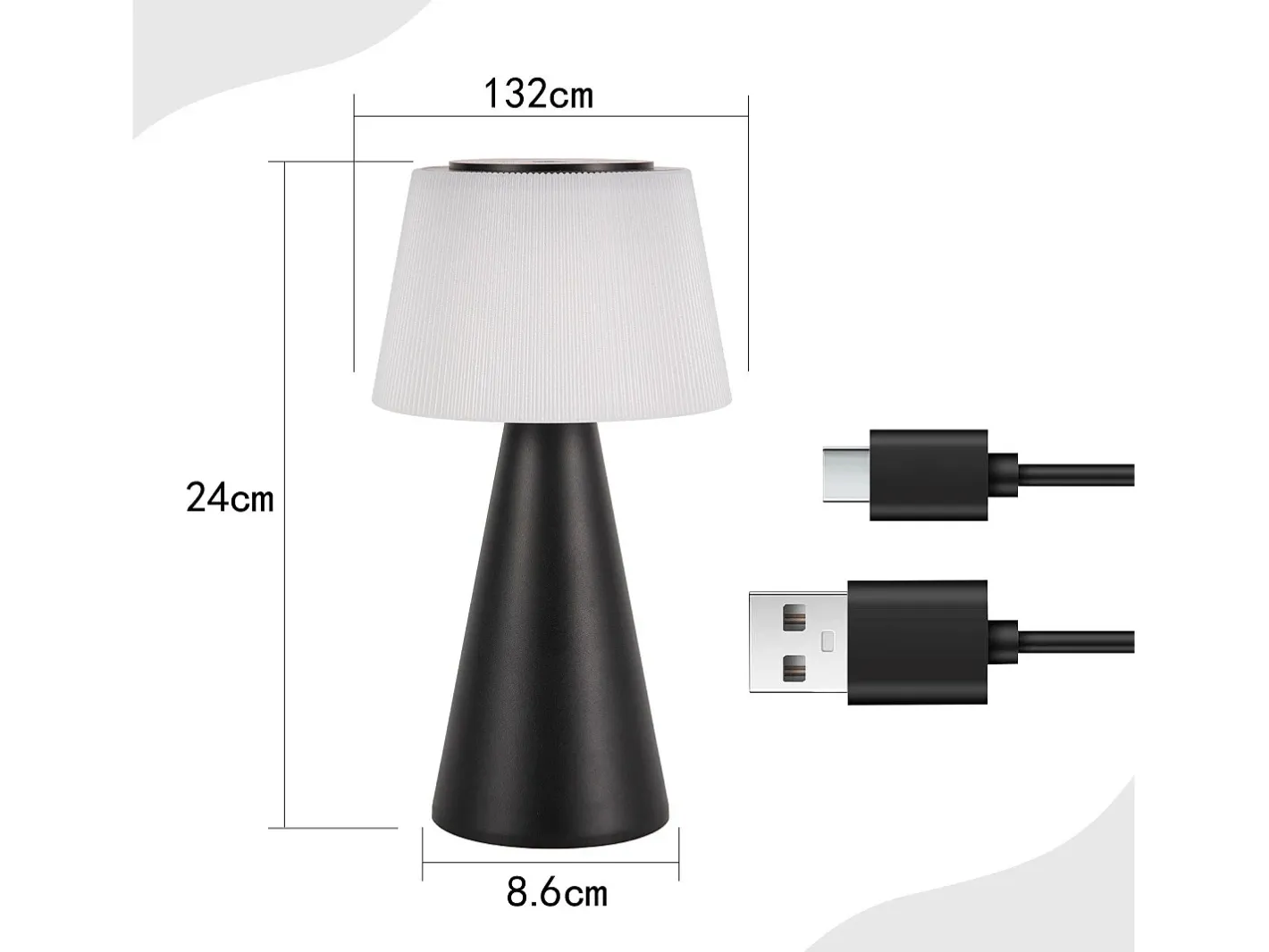 NETTLIFE Lámpara De Mesa-Lámpara de mesa con batería, lámpara de noche LED inalámbrica de 3600 mhA, lámpara táctil regulable con batería negra recargable por USB Negro