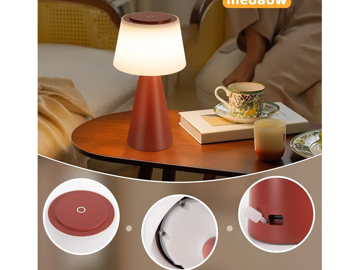NETTLIFE Lámpara de mesa con batería, lámpara de noche LED inalámbrica de 3600 mhA, lámpara táctil regulable con batería roja recargable por USB Rojo Clearance
