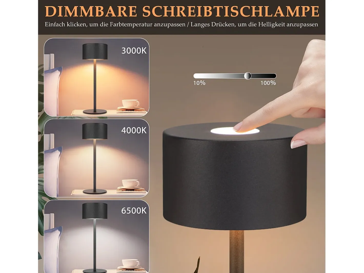 NETTLIFE Lámpara De Mesa-Lámpara de mesa LED inalámbrica: lámpara de mesa regulable táctil con 3 temperaturas de color, altura ajustable, USB Negro