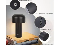 Discount NETTLIFE Lámpara de mesa LED inalámbrica, lámpara de noche regulable de 2W con pilas para dormitorio, lámpara de seta pequeña Negro