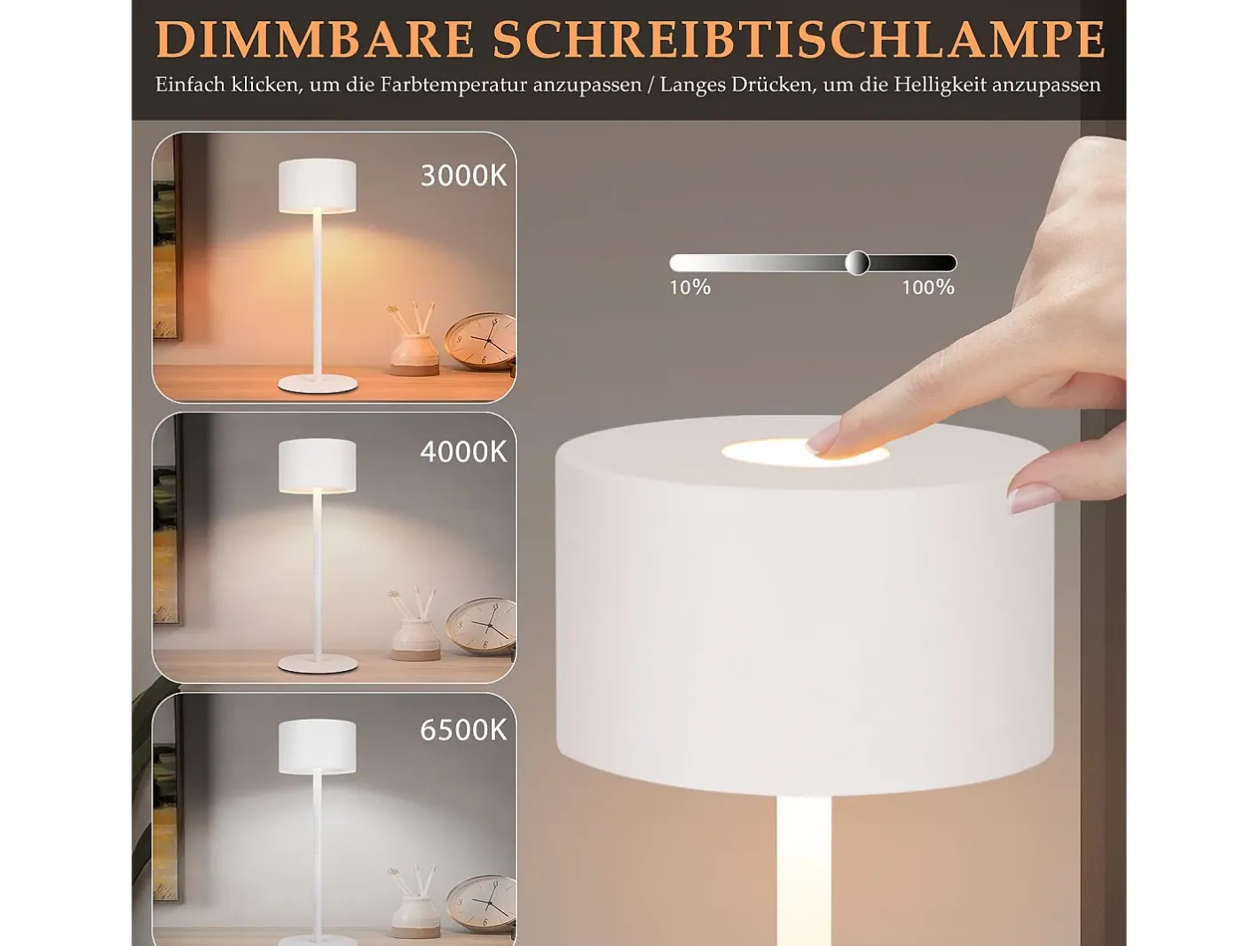 NETTLIFE Lámpara De Mesa-Lámpara de mesa LED inalámbrica (paquete de 2): lámpara de mesa regulable al tacto con 3 temperaturas de color, altura ajustable, USB Blanco