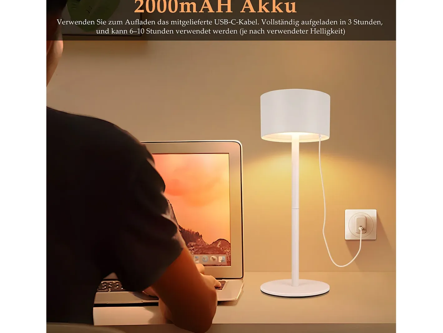NETTLIFE Lámpara De Mesa-Lámpara de mesa LED inalámbrica (paquete de 2): lámpara de mesa regulable al tacto con 3 temperaturas de color, altura ajustable, USB Blanco