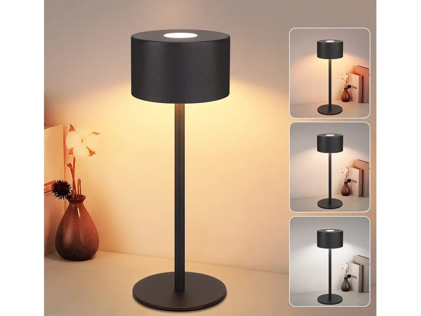 NETTLIFE Lámpara De Mesa-Lámpara de mesa LED inalámbrica (paquete de 2): lámpara de mesa regulable al tacto con 3 temperaturas de color, altura ajustable, USB Negro