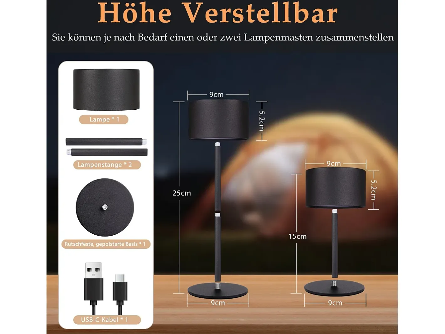 NETTLIFE Lámpara De Mesa-Lámpara de mesa LED inalámbrica (paquete de 2): lámpara de mesa regulable al tacto con 3 temperaturas de color, altura ajustable, USB Negro