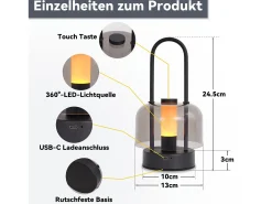 NETTLIFE Lámpara de mesa LED portátil , lámpara de noche inalámbrica, regulable (1800 K-6500 K), con memoria, recargable por USB-C,color Negro Sale