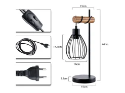 NETTLIFE Lámpara De Mesa-Lámpara de mesa salón vintage madera: lámpara de noche negra 1 luz diseño industrial metal casquillo e27 sin bombilla Negro
