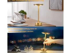 New NETTLIFE Lámpara de noche, lámpara de mesa inalámbrica, batería - Lámpara de mesa LED táctil regulable con batería recargable por USB Dorado