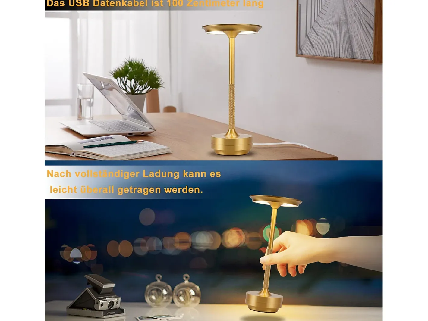 New NETTLIFE Lámpara de noche, lámpara de mesa inalámbrica, batería - Lámpara de mesa LED táctil regulable con batería recargable por USB Dorado
